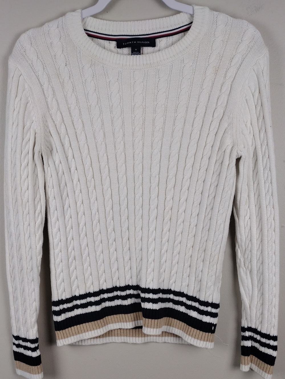 Tommy Hilfiger White Cable Knit Navy Striped Hem Crewneck Long Sleeve Sweater - Picture 12 of 12
